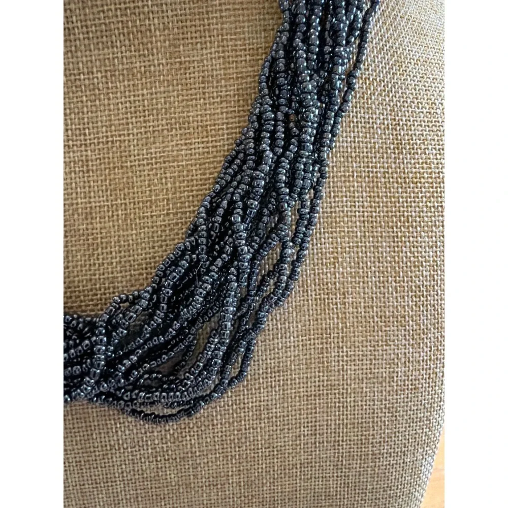 Gunmetal Grey Multi Strand Seed‎ Bead Statement Necklace Metallic Layered